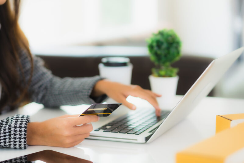 Portrait Beautiful Young Asian Woman Use Credit Card With Laptop