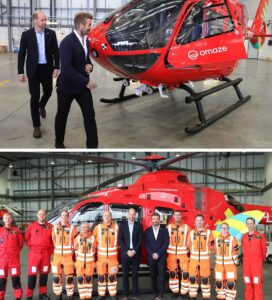 Príncipe William e David Beckham com equipe da Air Ambulance Charity